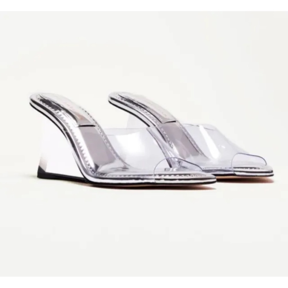 Good American Clear Silver PVC Wedge Sandals Sz 9 Pointed Toe Wedges Heels Prom